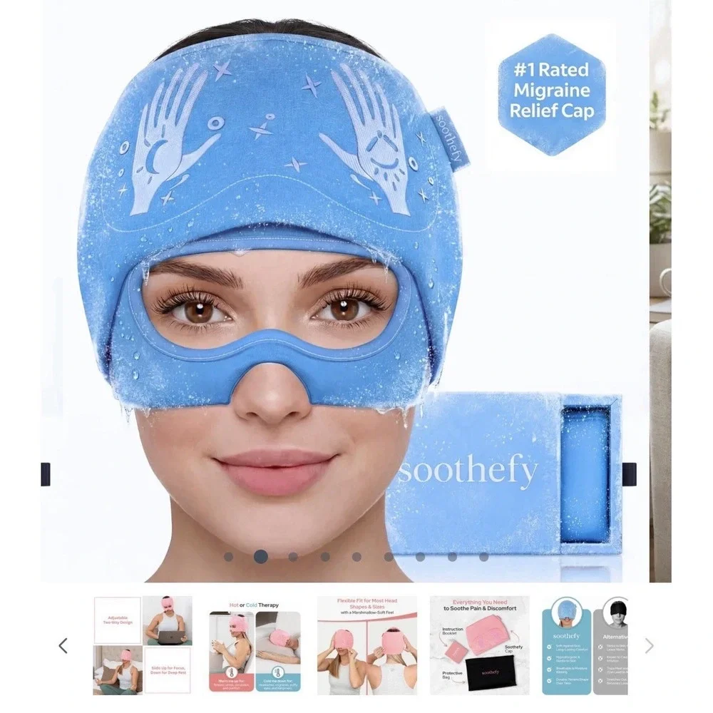 Soothefy Migraine Relief Cap w/ Slide-Up‎ Eye Mask - Ocean Breeze New!